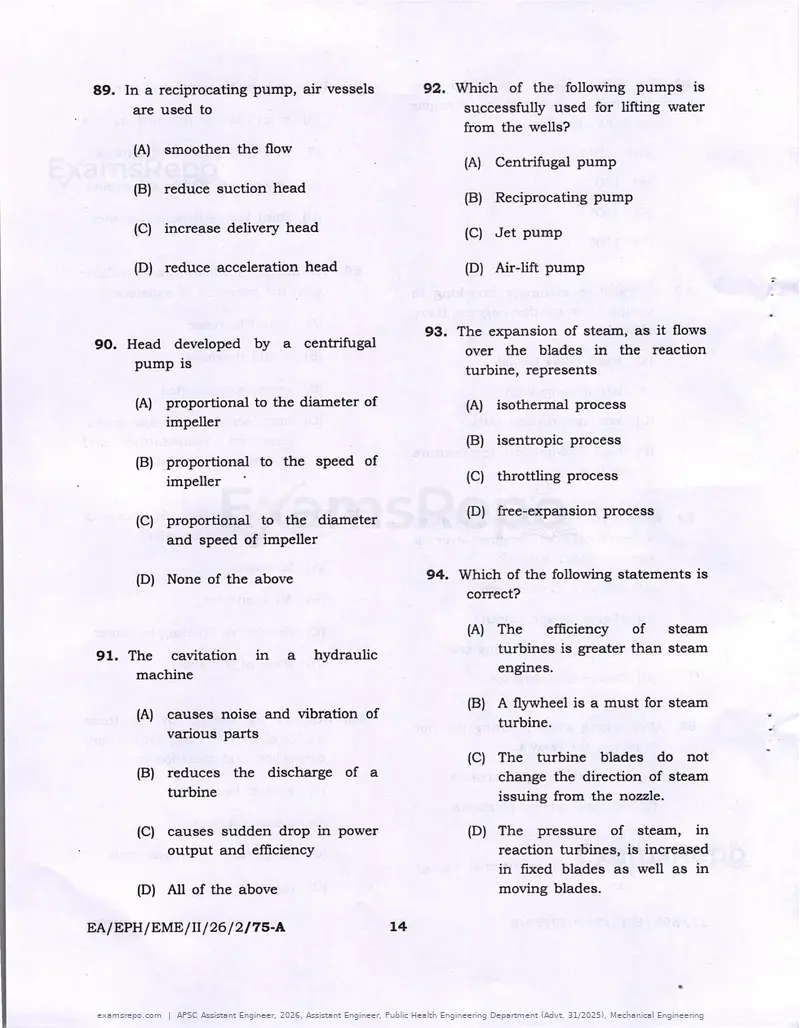 APSC Assistant Engineer 2026 question paper, Assistant Engineer, Public Health Engineering Department (Advt. 31/2025), Mechanical Engineering, page 14 of 16