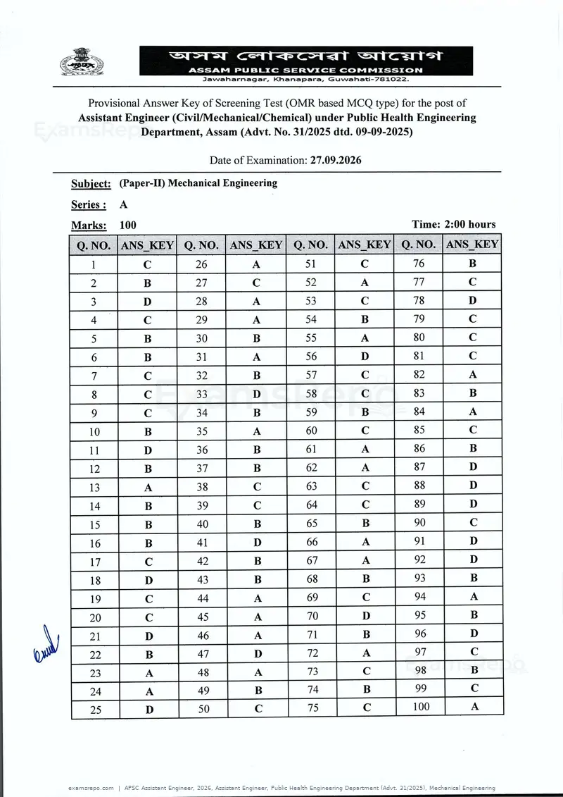 APSC Assistant Engineer 2026 answer key, Assistant Engineer, Public Health Engineering Department (Advt. 31/2025), Mechanical Engineering, page 1 of 4