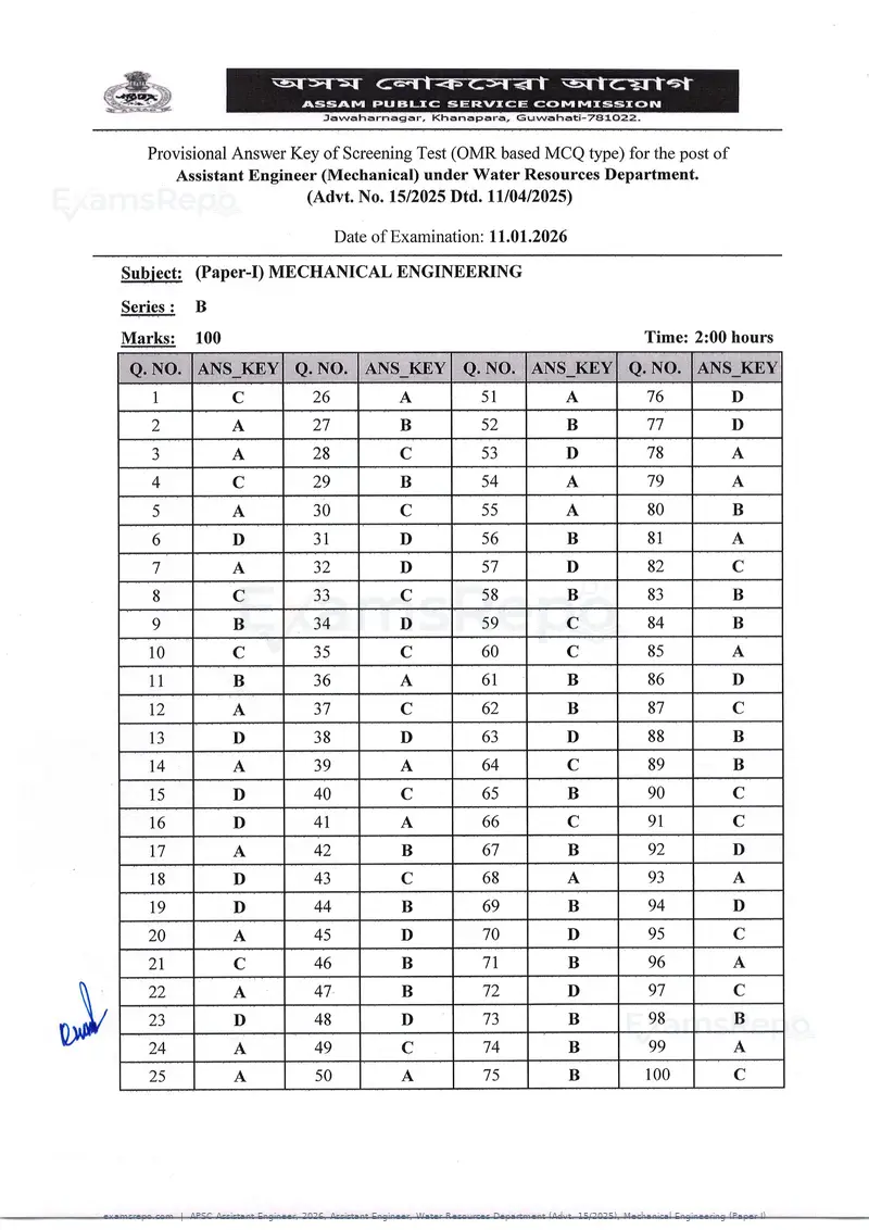 APSC Assistant Engineer 2026 answer key, Assistant Engineer, Water Resources Department (Advt. 15/2025), Mechanical Engineering (Paper I), page 2 of 4