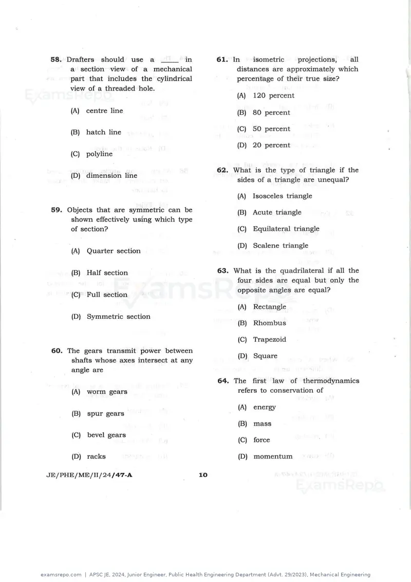 APSC JE 2024 question paper, Junior Engineer, Public Health Engineering Department (Advt. 29/2023), Mechanical Engineering, page 10 of 16