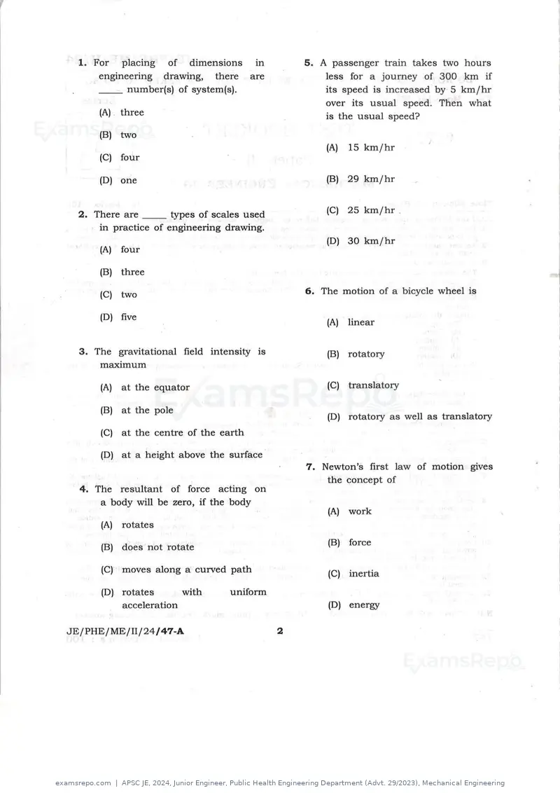 APSC JE 2024 question paper, Junior Engineer, Public Health Engineering Department (Advt. 29/2023), Mechanical Engineering, page 2 of 16