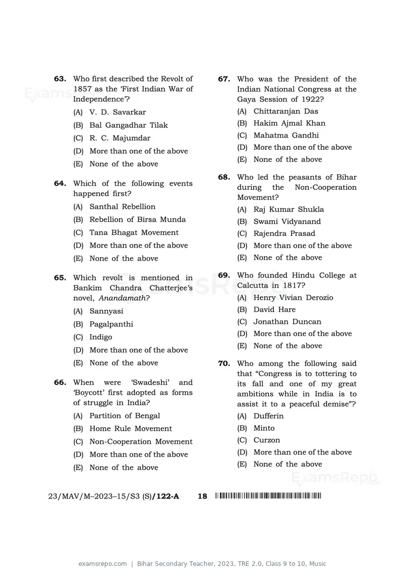 Bihar Secondary Teacher 2023 question paper, TRE 2.0, Class 9 to 10, Music, page 18 of 40