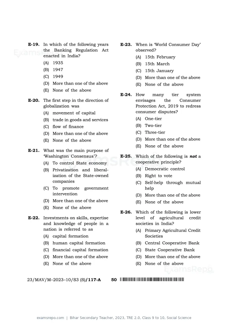 Bihar Secondary Teacher 2023 question paper, TRE 2.0, Class 9 to 10, Social Science, page 50 of 72