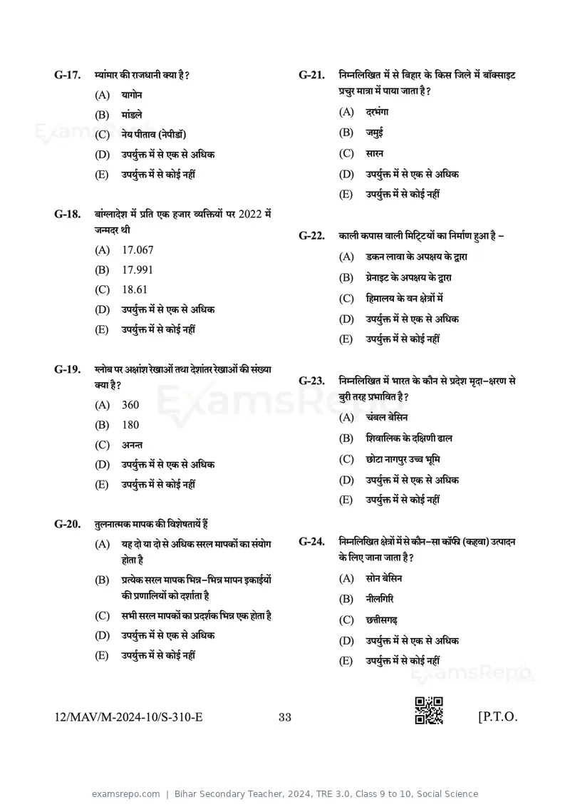 Bihar Secondary Teacher 2024 question paper, TRE 3.0, Class 9 to 10, Social Science, page 33 of 64