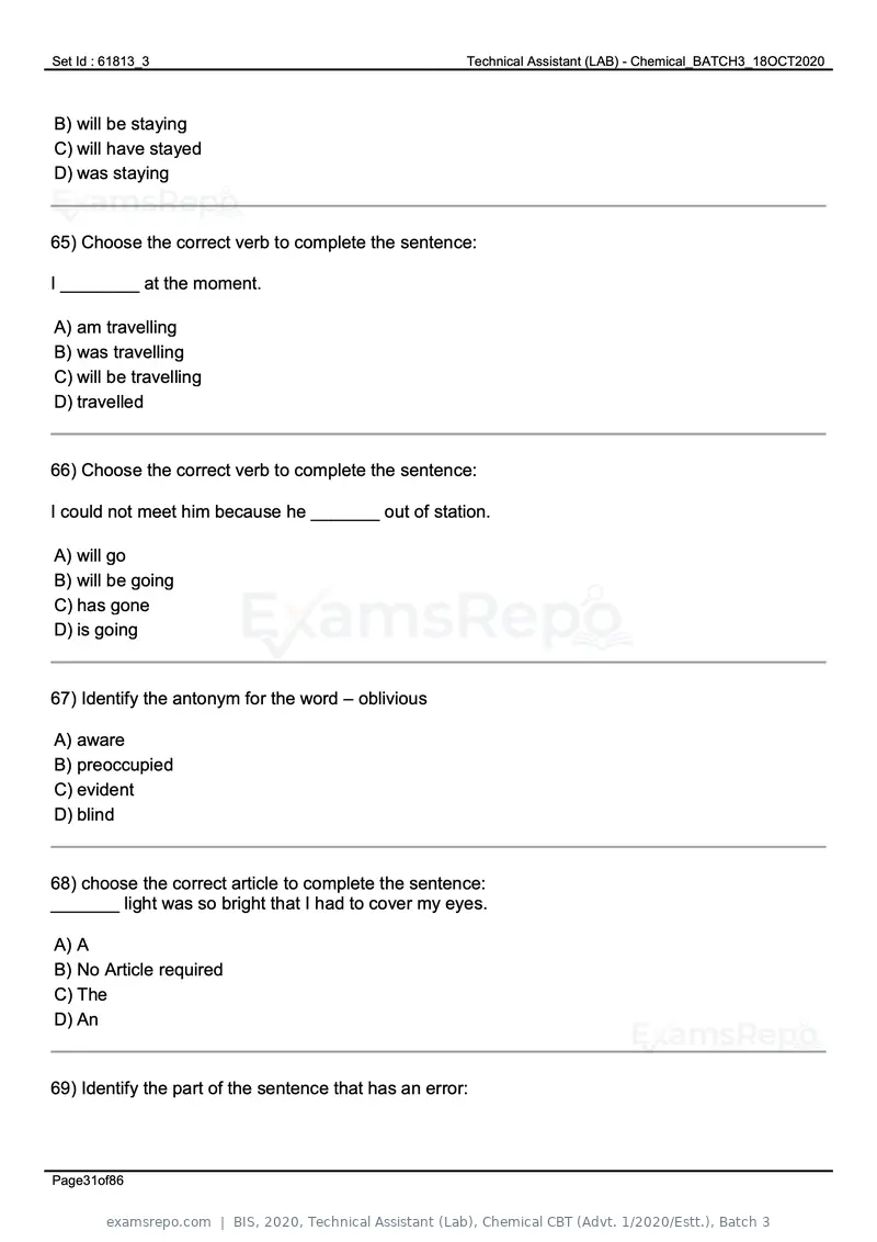 BIS 2020 question paper, Technical Assistant (Lab), Chemical CBT (Advt. 1/2020/Estt.), Batch 3, page 31 of 86