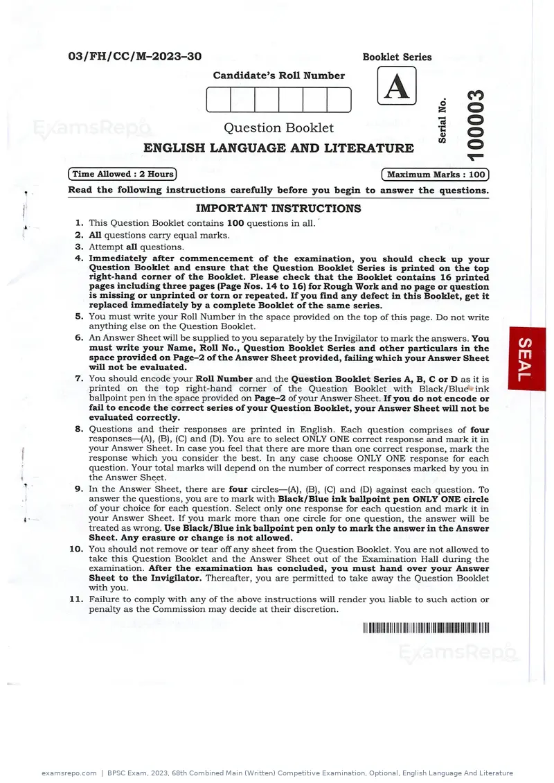 BPSC Exam 2023 question paper, 68th Combined Main (Written) Competitive Examination, Optional, English Language And Literature, page 1 of 13