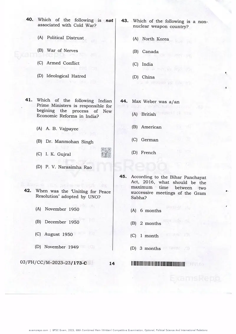 BPSC Exam 2023 question paper, 68th Combined Main (Written) Competitive Examination, Optional, Political Science And International Relations, page 14 of 30