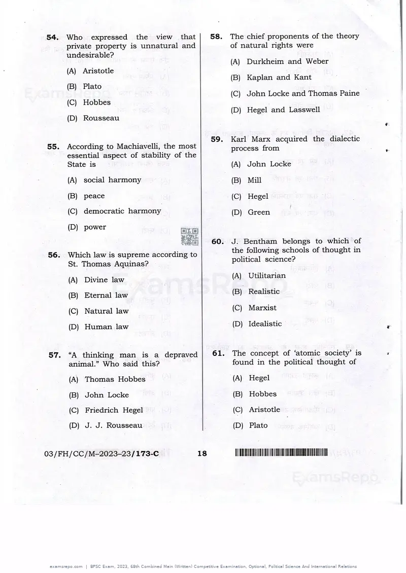 BPSC Exam 2023 question paper, 68th Combined Main (Written) Competitive Examination, Optional, Political Science And International Relations, page 18 of 30