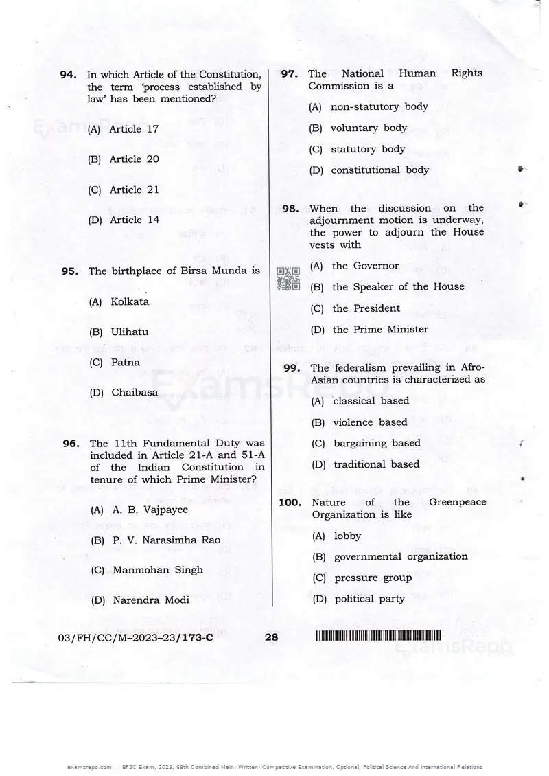 BPSC Exam 2023 question paper, 68th Combined Main (Written) Competitive Examination, Optional, Political Science And International Relations, page 28 of 30