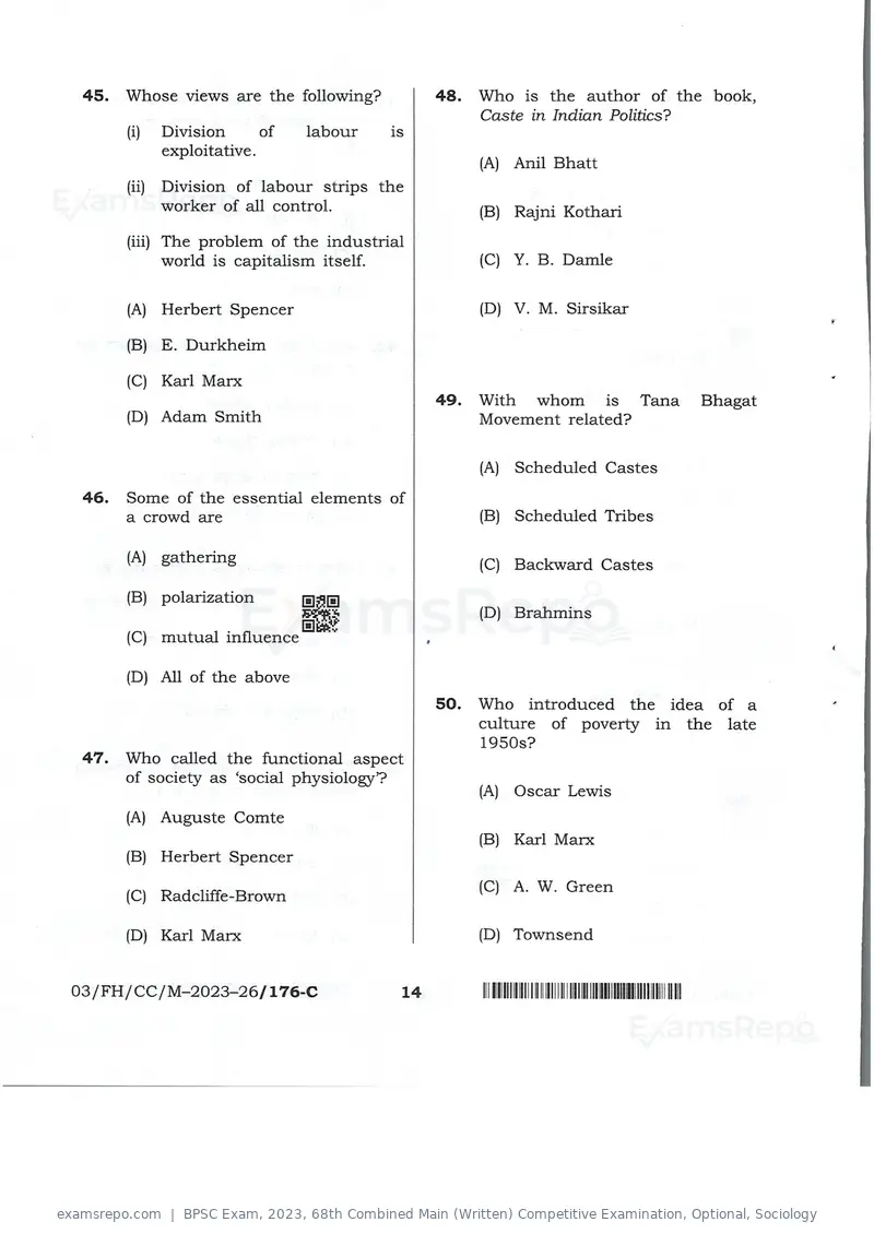 BPSC Exam 2023 question paper, 68th Combined Main (Written) Competitive Examination, Optional, Sociology, page 14 of 30