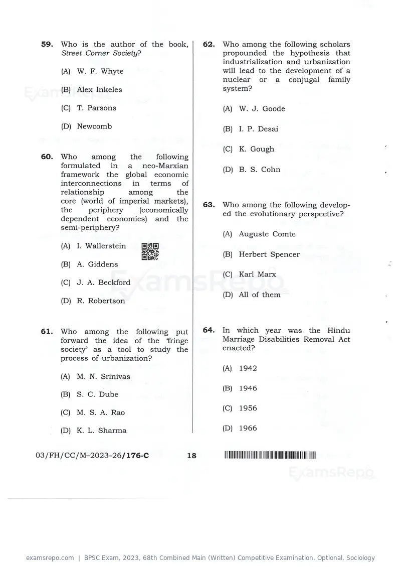 BPSC Exam 2023 question paper, 68th Combined Main (Written) Competitive Examination, Optional, Sociology, page 18 of 30