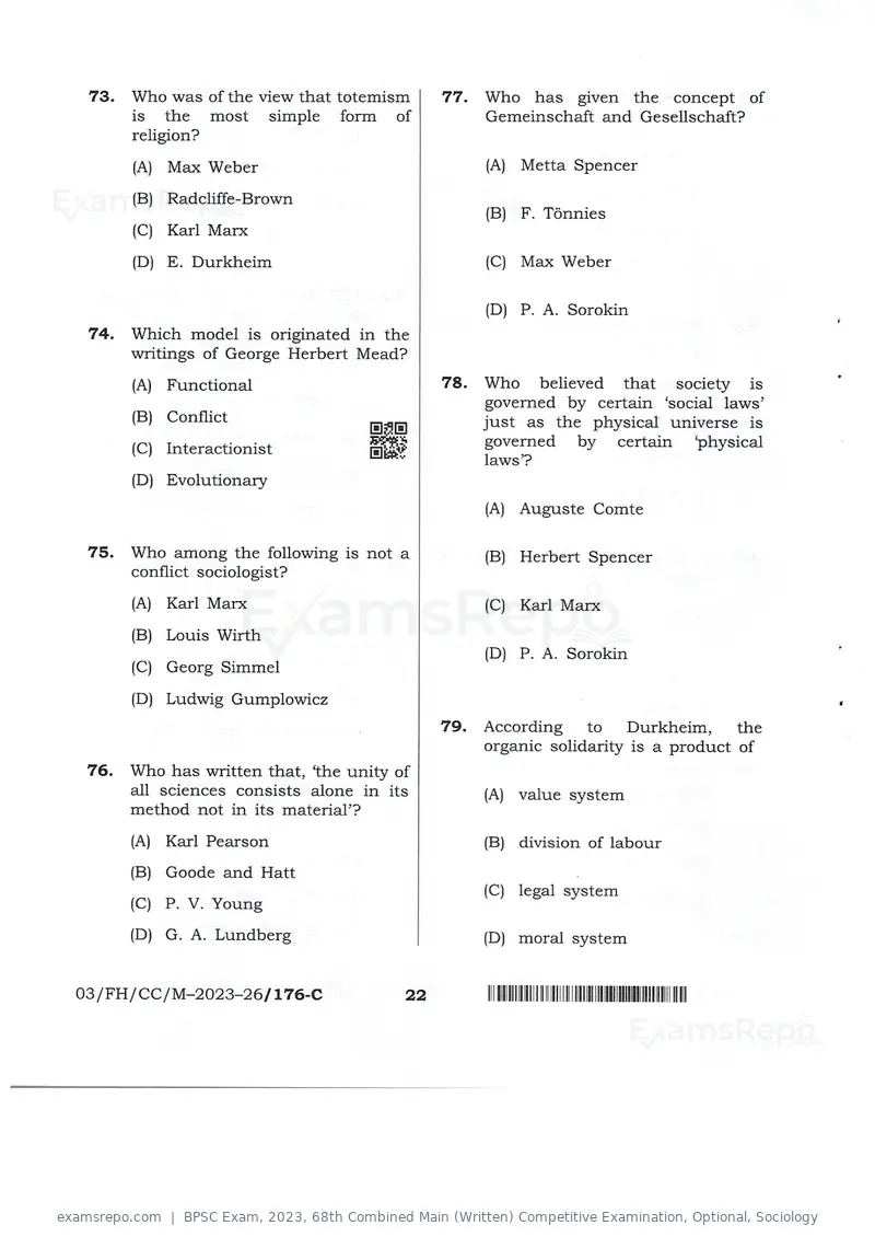 BPSC Exam 2023 question paper, 68th Combined Main (Written) Competitive Examination, Optional, Sociology, page 22 of 30