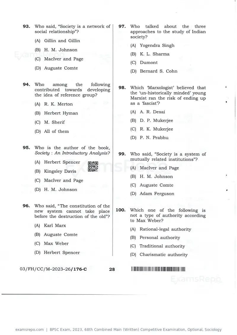 BPSC Exam 2023 question paper, 68th Combined Main (Written) Competitive Examination, Optional, Sociology, page 28 of 30