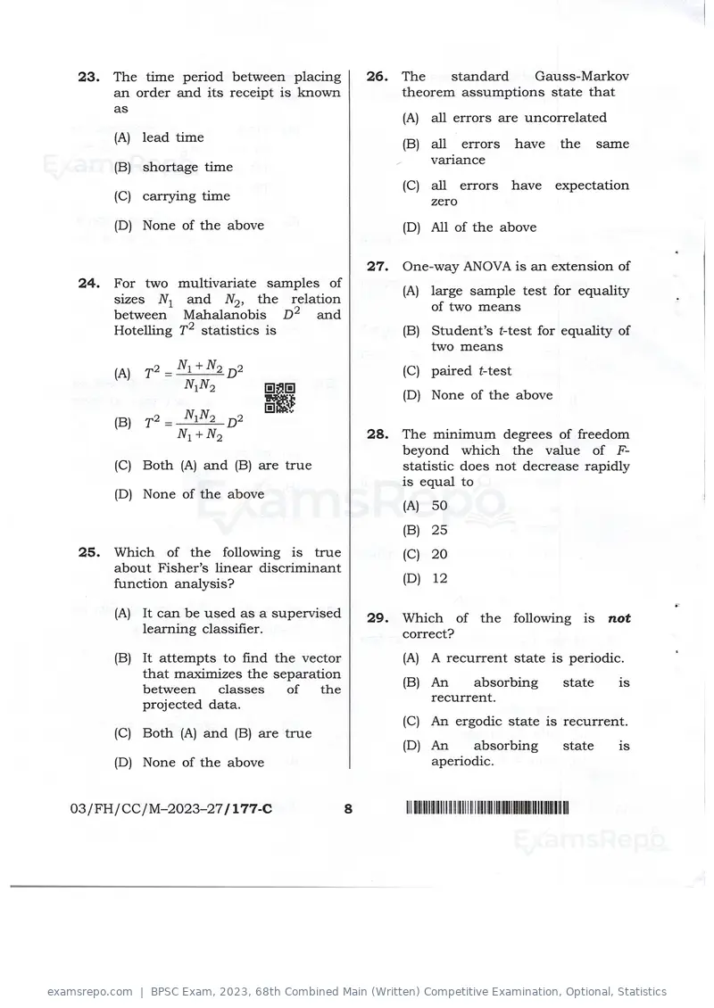 BPSC Exam 2023 question paper, 68th Combined Main (Written) Competitive Examination, Optional, Statistics, page 8 of 30