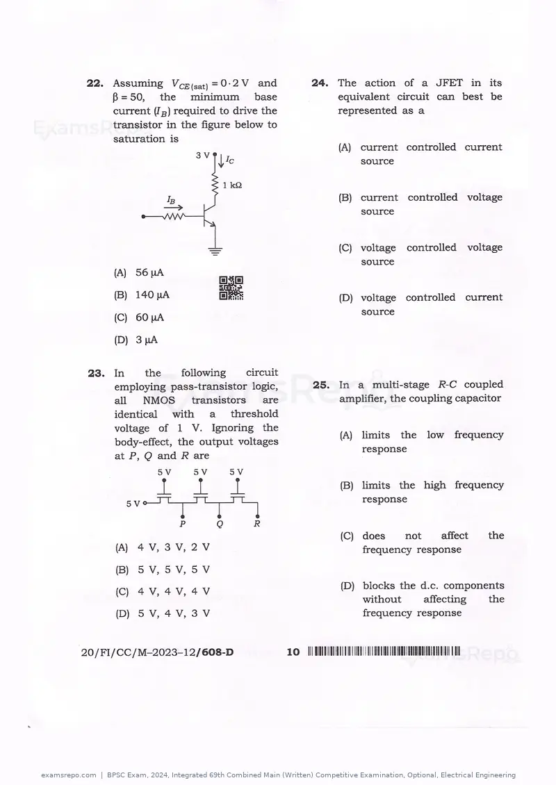 BPSC Exam 2024 question paper, Integrated 69th Combined Main (Written) Competitive Examination, Optional, Electrical Engineering, page 10 of 54