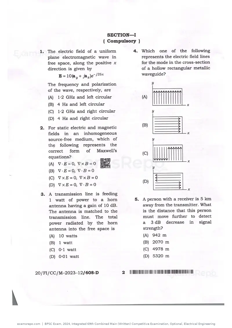 BPSC Exam 2024 question paper, Integrated 69th Combined Main (Written) Competitive Examination, Optional, Electrical Engineering, page 2 of 54
