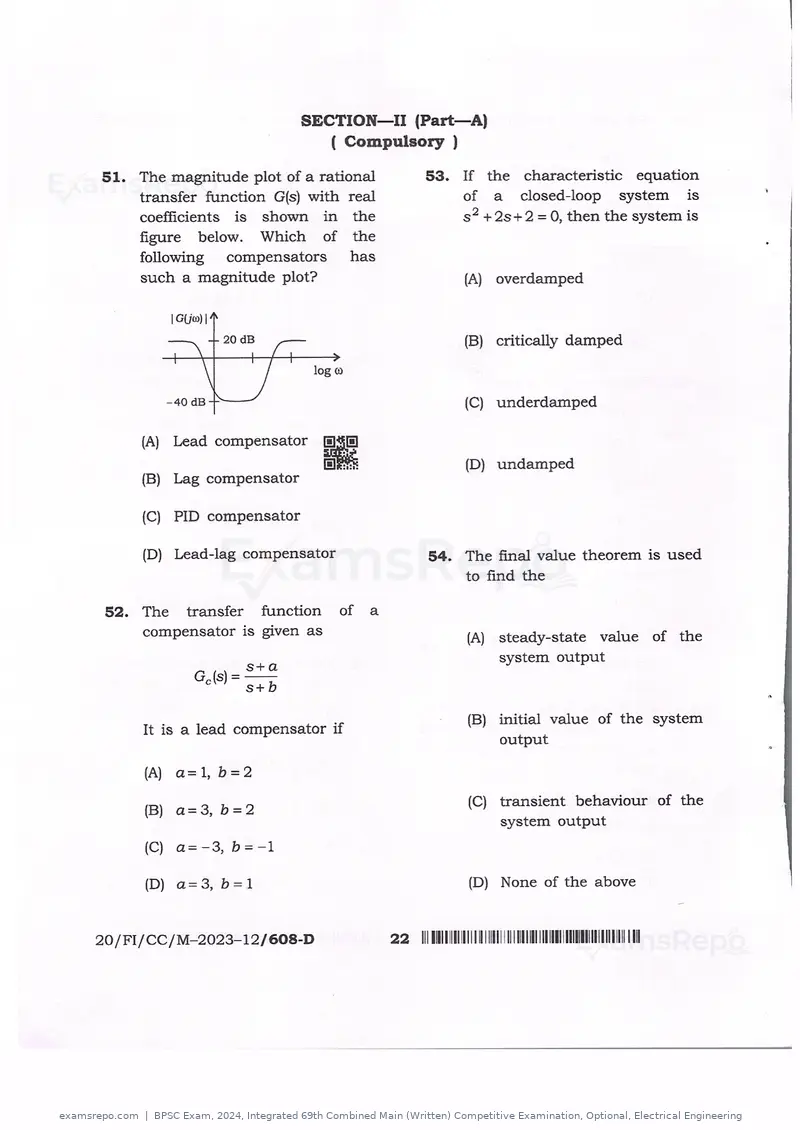 BPSC Exam 2024 question paper, Integrated 69th Combined Main (Written) Competitive Examination, Optional, Electrical Engineering, page 22 of 54