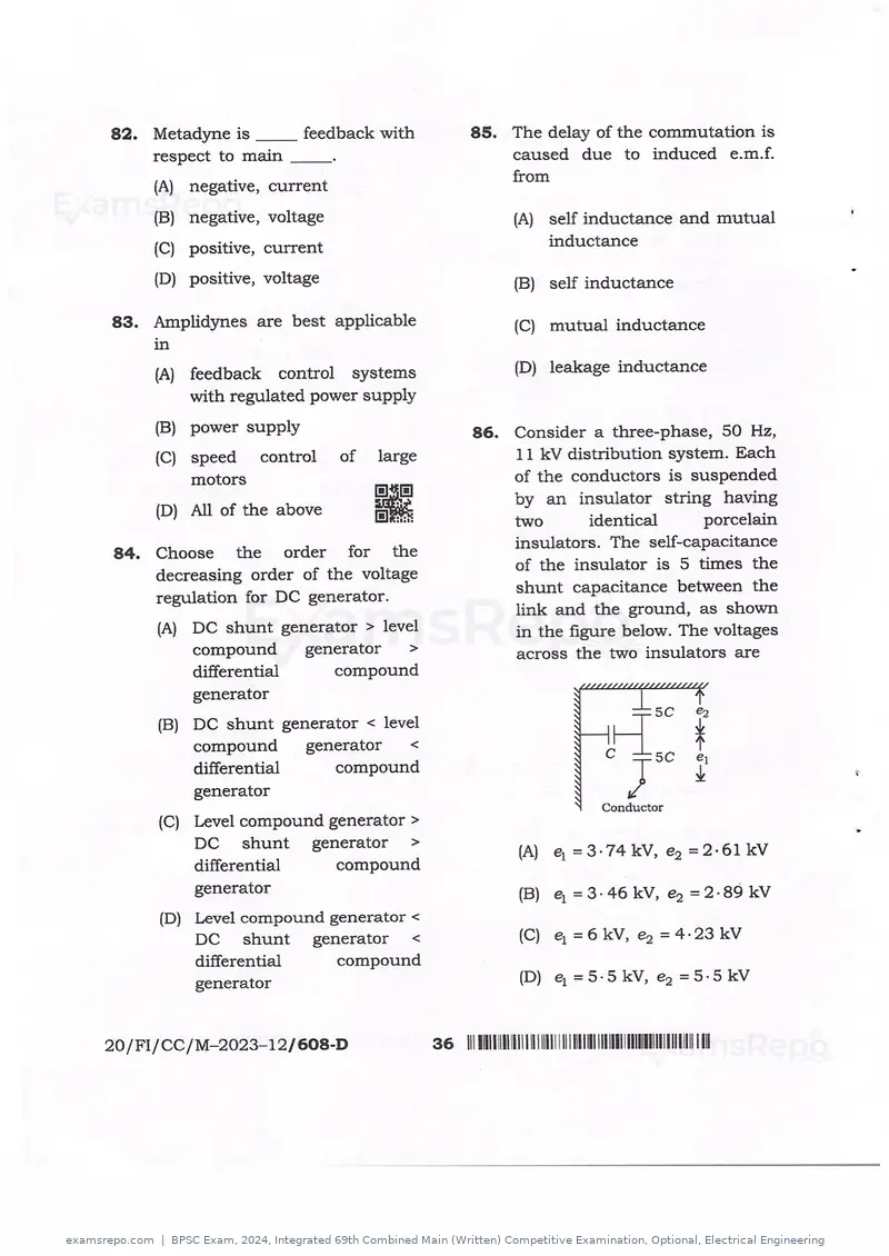 BPSC Exam 2024 question paper, Integrated 69th Combined Main (Written) Competitive Examination, Optional, Electrical Engineering, page 36 of 54