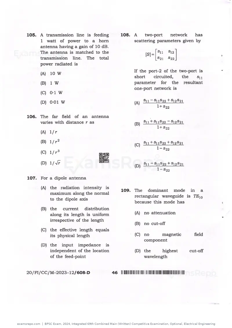 BPSC Exam 2024 question paper, Integrated 69th Combined Main (Written) Competitive Examination, Optional, Electrical Engineering, page 46 of 54