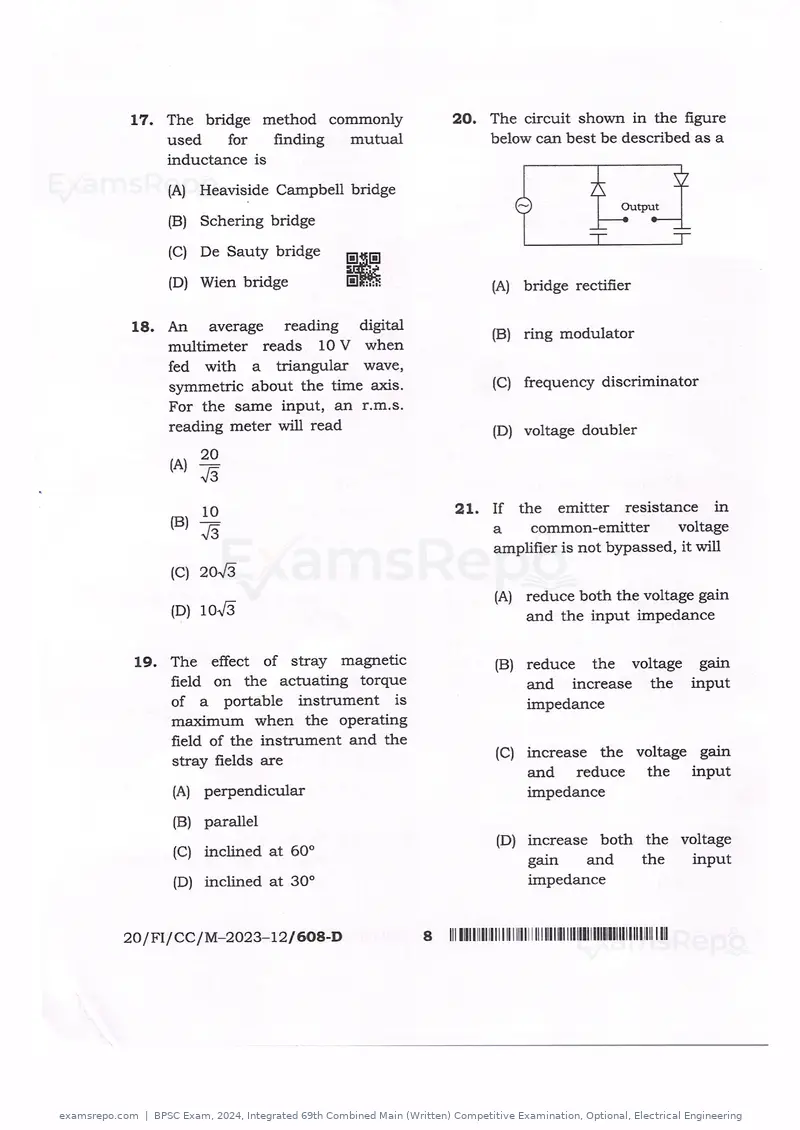 BPSC Exam 2024 question paper, Integrated 69th Combined Main (Written) Competitive Examination, Optional, Electrical Engineering, page 8 of 54