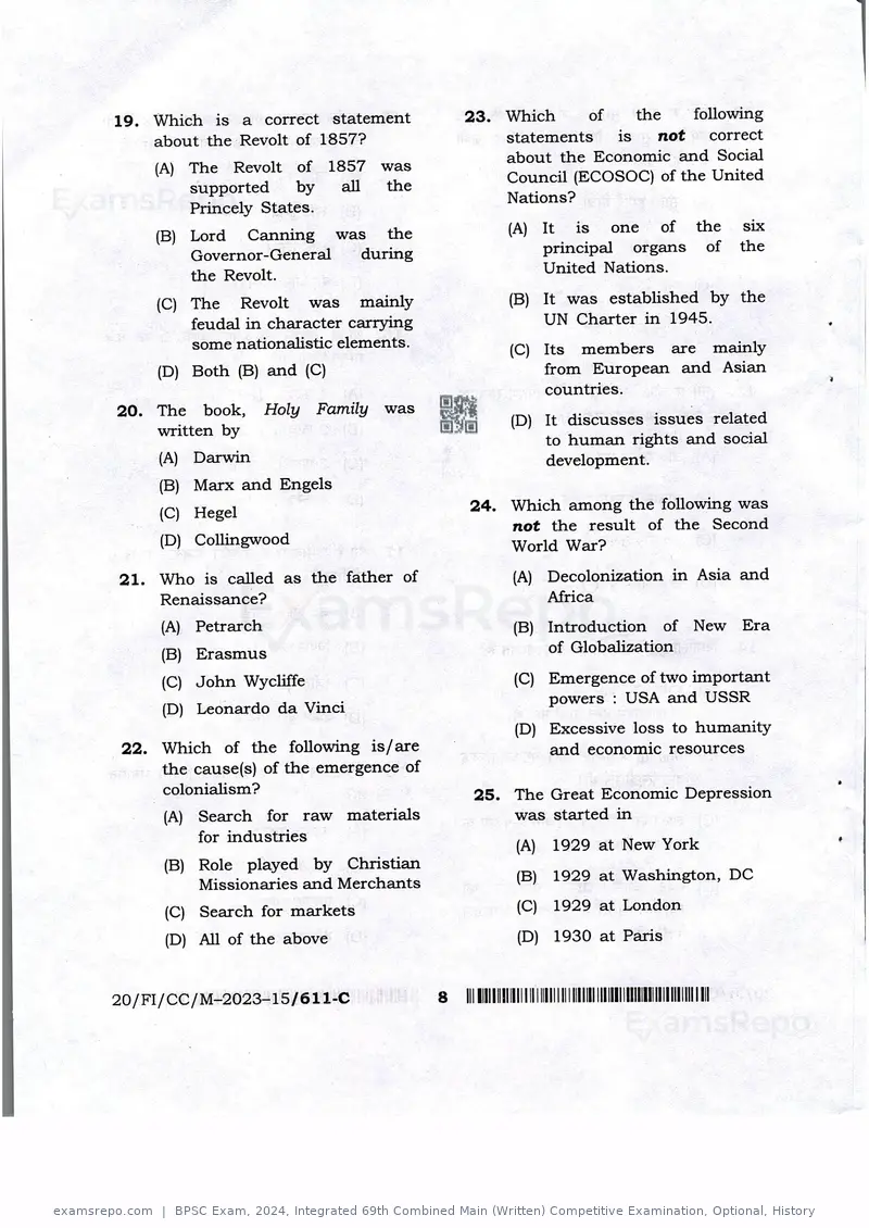 BPSC Exam 2024 question paper, Integrated 69th Combined Main (Written) Competitive Examination, Optional, History, page 8 of 30