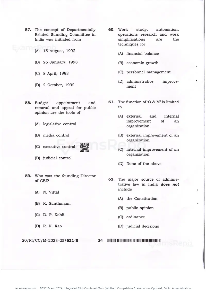 BPSC Exam 2024 question paper, Integrated 69th Combined Main (Written) Competitive Examination, Optional, Public Administration, page 24 of 38