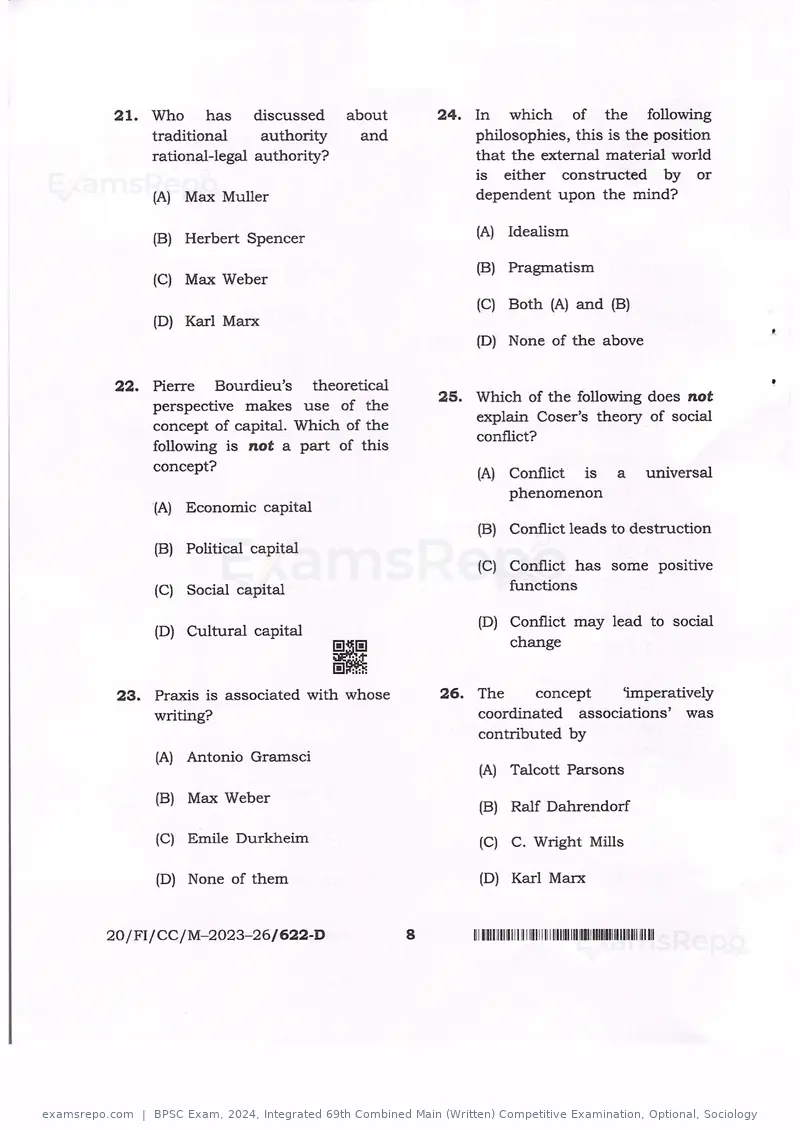BPSC Exam 2024 question paper, Integrated 69th Combined Main (Written) Competitive Examination, Optional, Sociology, page 8 of 30