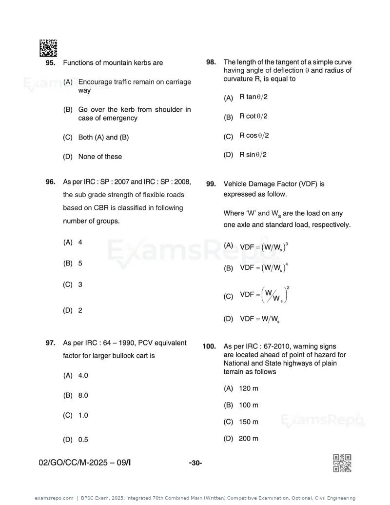 BPSC Exam 2025 question paper, Integrated 70th Combined Main (Written) Competitive Examination, Optional, Civil Engineering, page 30 of 48