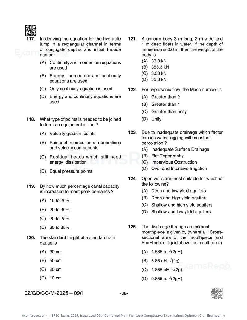 BPSC Exam 2025 question paper, Integrated 70th Combined Main (Written) Competitive Examination, Optional, Civil Engineering, page 36 of 48