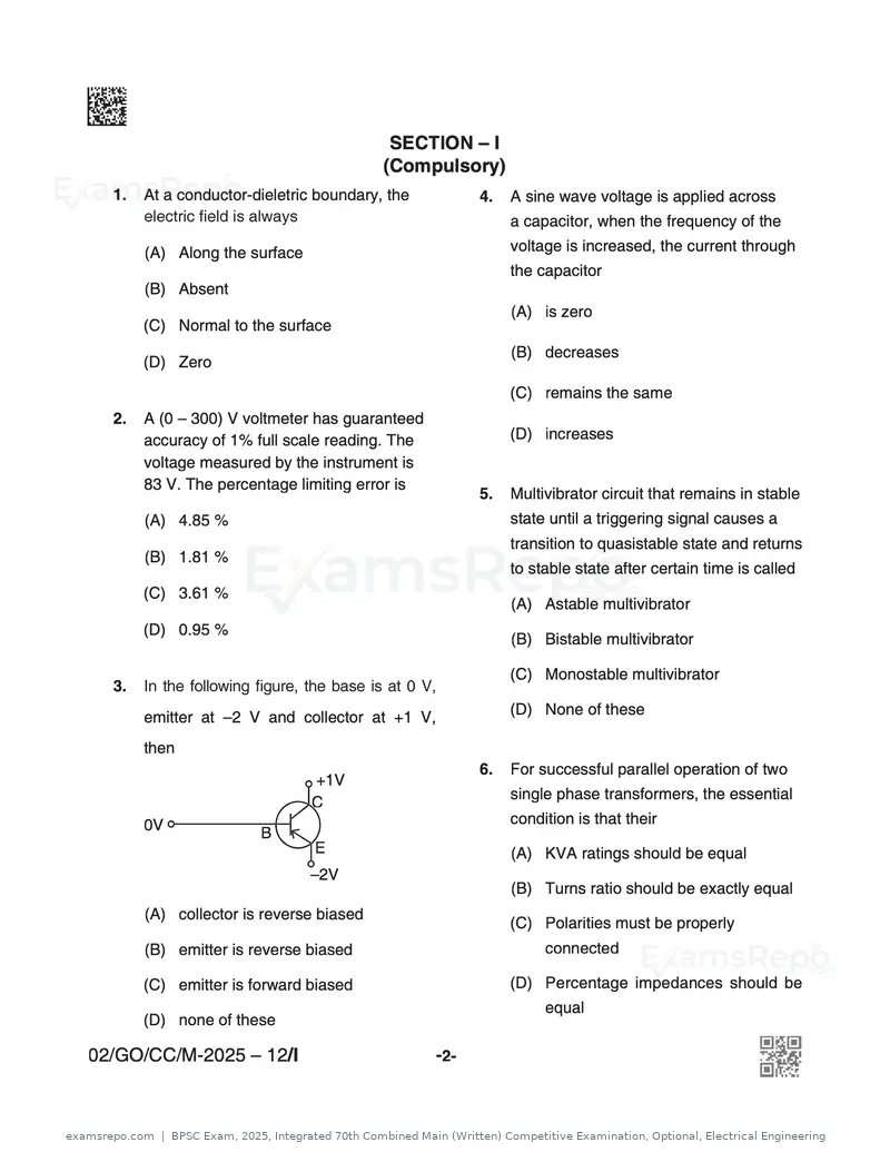 BPSC Exam 2025 question paper, Integrated 70th Combined Main (Written) Competitive Examination, Optional, Electrical Engineering, page 2 of 48
