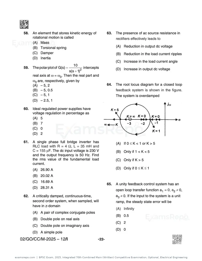 BPSC Exam 2025 question paper, Integrated 70th Combined Main (Written) Competitive Examination, Optional, Electrical Engineering, page 22 of 48