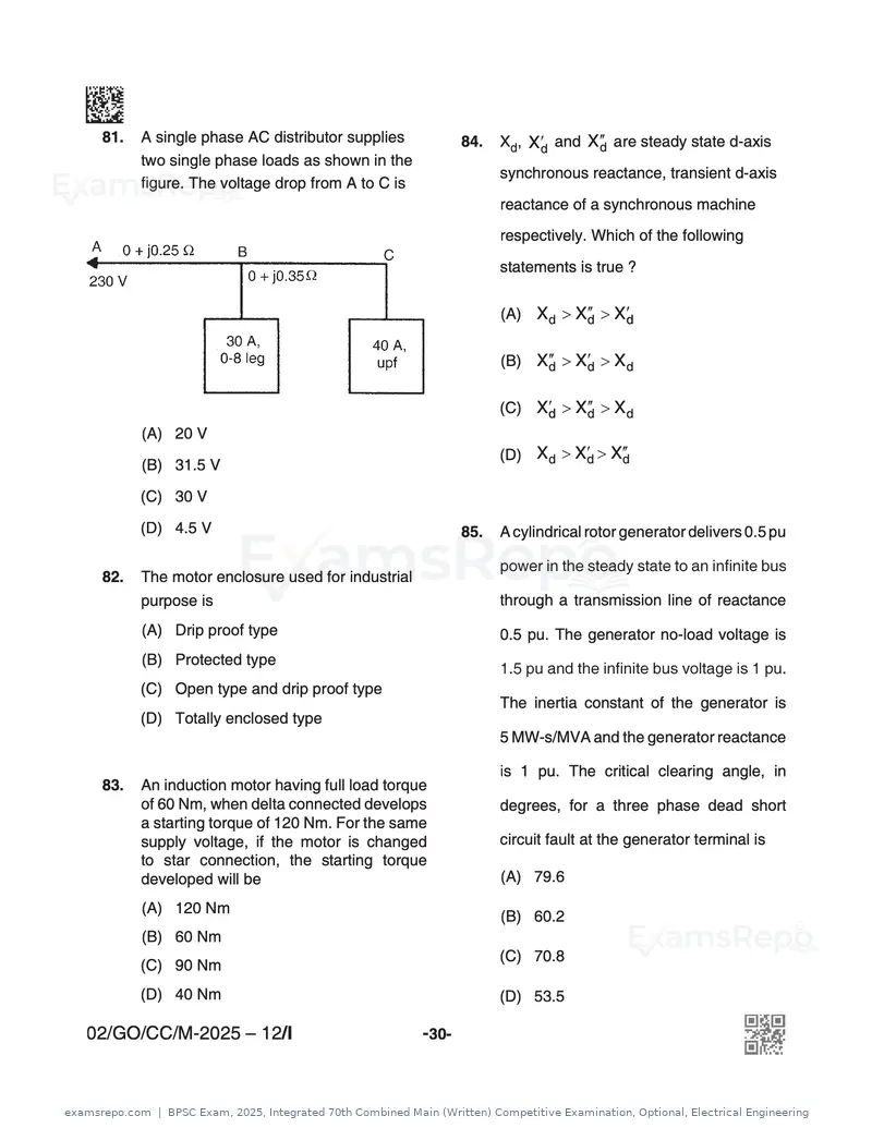BPSC Exam 2025 question paper, Integrated 70th Combined Main (Written) Competitive Examination, Optional, Electrical Engineering, page 30 of 48