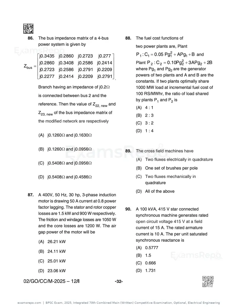 BPSC Exam 2025 question paper, Integrated 70th Combined Main (Written) Competitive Examination, Optional, Electrical Engineering, page 32 of 48