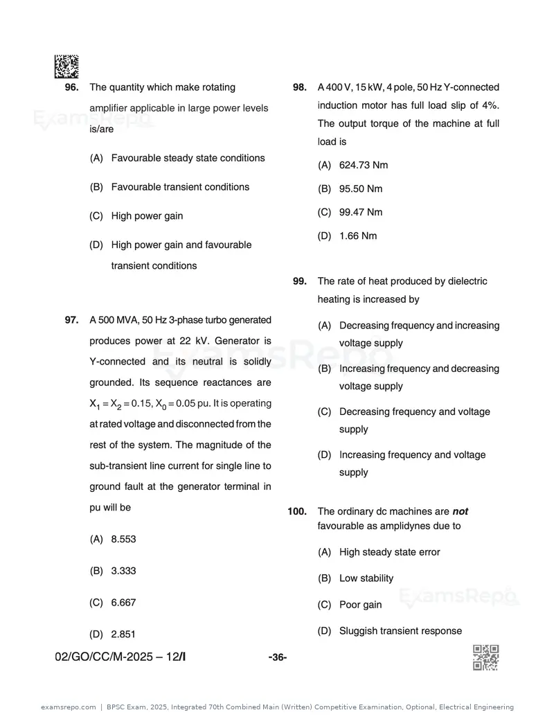 BPSC Exam 2025 question paper, Integrated 70th Combined Main (Written) Competitive Examination, Optional, Electrical Engineering, page 36 of 48