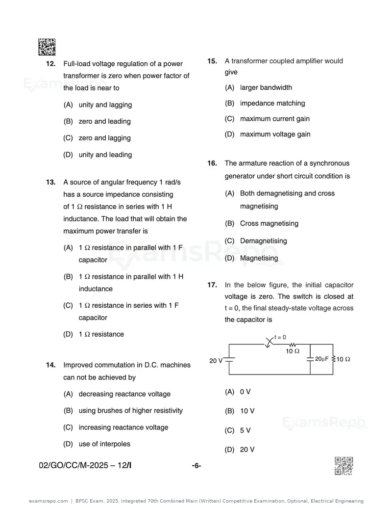 BPSC Exam 2025 question paper, Integrated 70th Combined Main (Written) Competitive Examination, Optional, Electrical Engineering, page 6 of 48