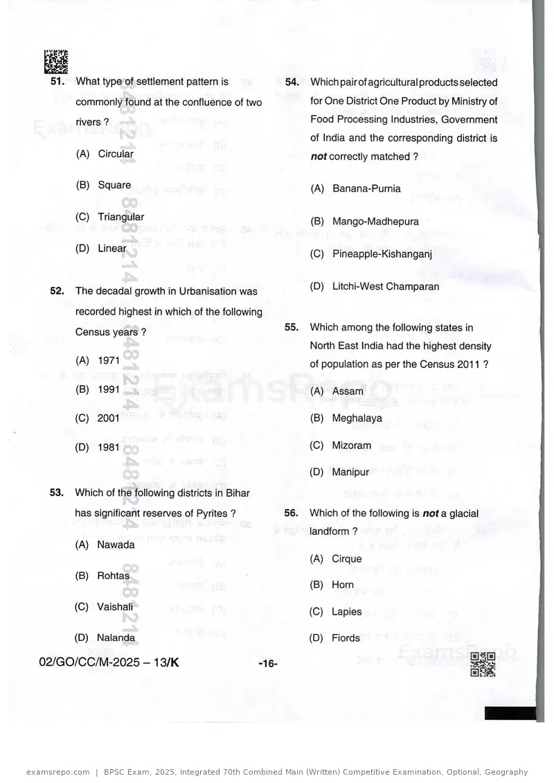 BPSC Exam 2025 question paper, Integrated 70th Combined Main (Written) Competitive Examination, Optional, Geography, page 16 of 32