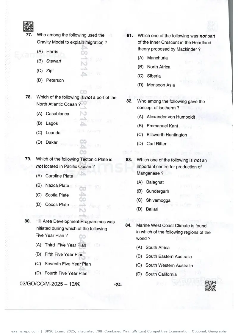 BPSC Exam 2025 question paper, Integrated 70th Combined Main (Written) Competitive Examination, Optional, Geography, page 24 of 32