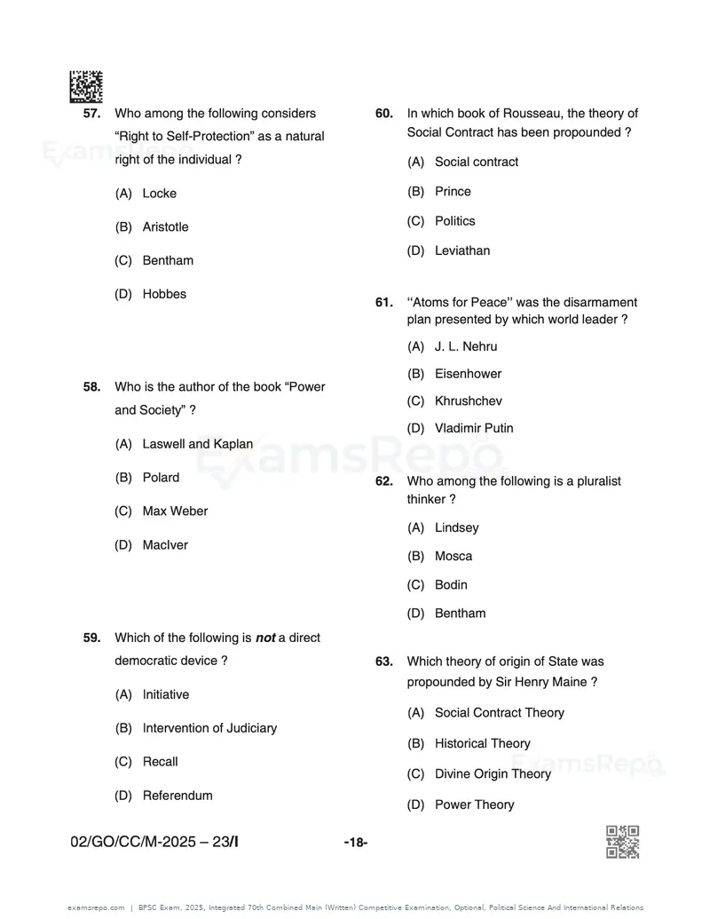 BPSC Exam 2025 question paper, Integrated 70th Combined Main (Written) Competitive Examination, Optional, Political Science And International Relations, page 18 of 32