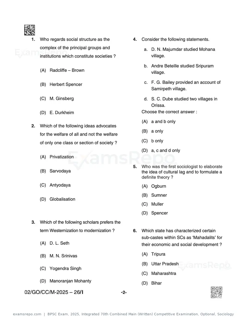 BPSC Exam 2025 question paper, Integrated 70th Combined Main (Written) Competitive Examination, Optional, Sociology, page 2 of 32