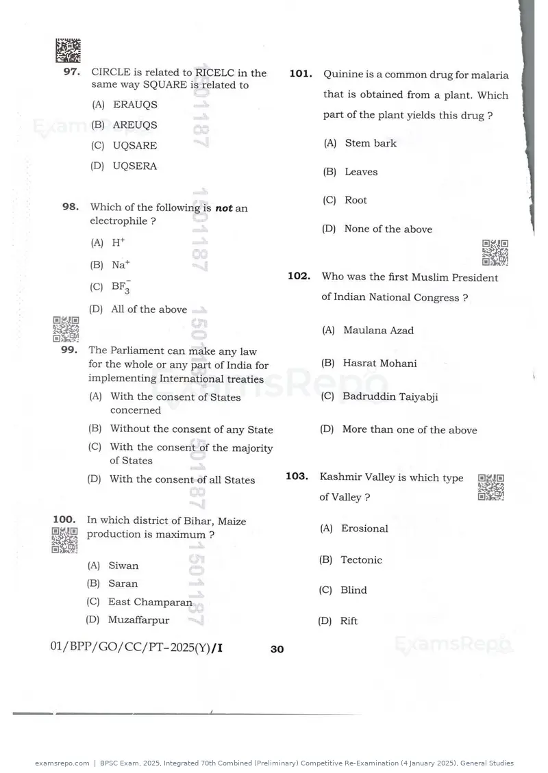 BPSC Exam 2025 question paper, Integrated 70th Combined (Preliminary) Competitive Re-Examination (4 January 2025), General Studies, page 30 of 48