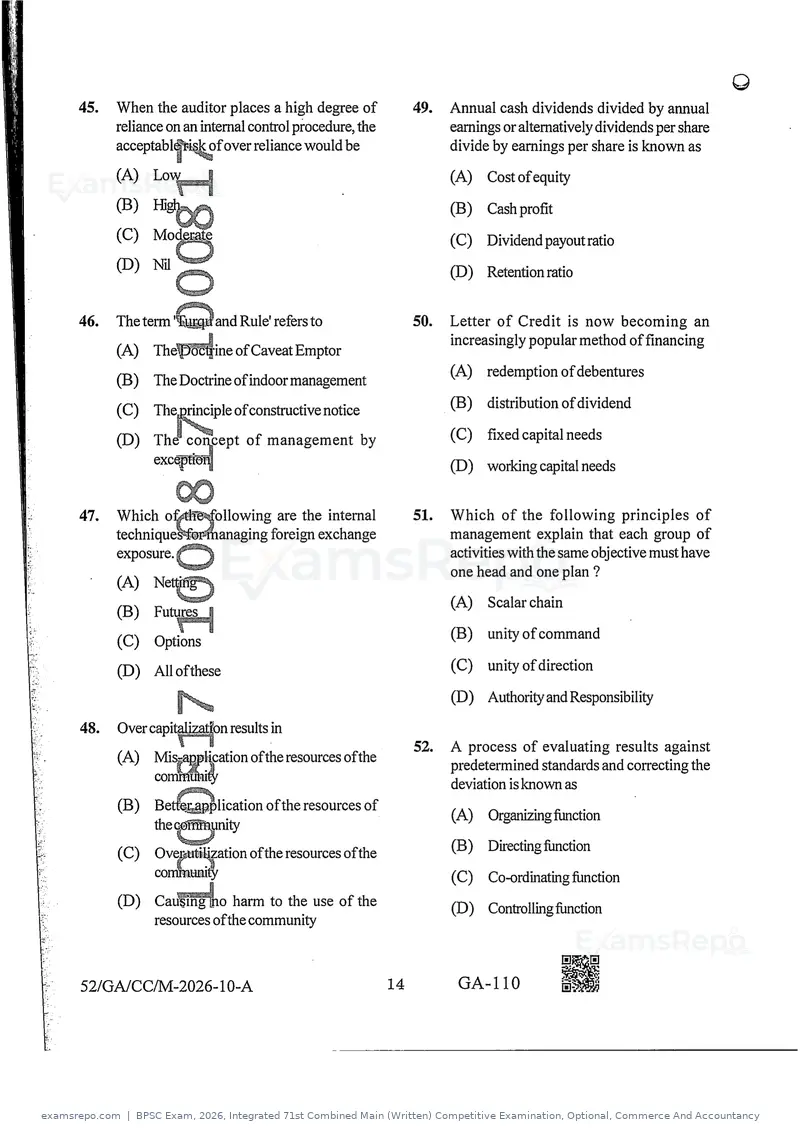 BPSC Exam 2026 question paper, Integrated 71st Combined Main (Written) Competitive Examination, Optional, Commerce And Accountancy, page 14 of 30