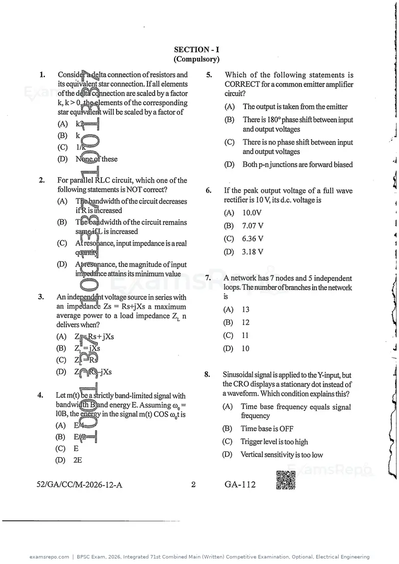 BPSC Exam 2026 question paper, Integrated 71st Combined Main (Written) Competitive Examination, Optional, Electrical Engineering, page 2 of 38