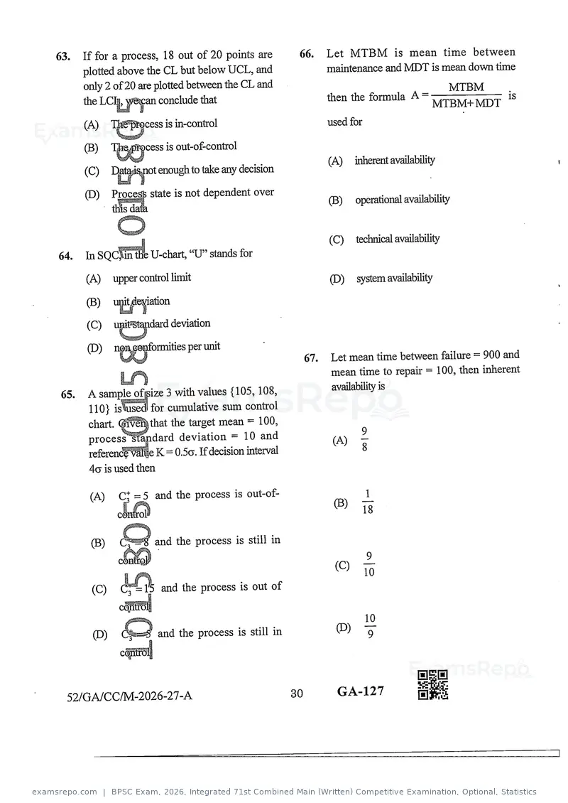 BPSC Exam 2026 question paper, Integrated 71st Combined Main (Written) Competitive Examination, Optional, Statistics, page 30 of 46