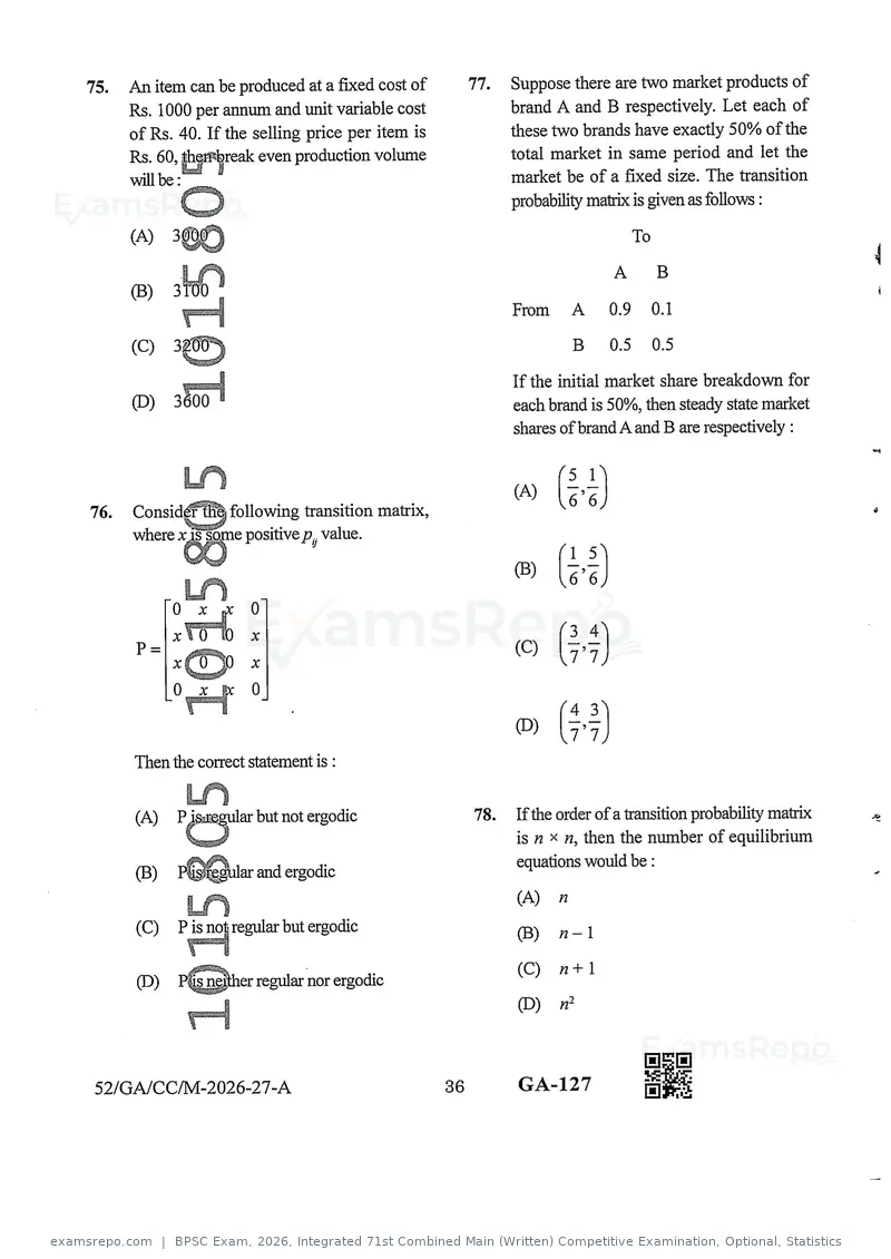 BPSC Exam 2026 question paper, Integrated 71st Combined Main (Written) Competitive Examination, Optional, Statistics, page 36 of 46