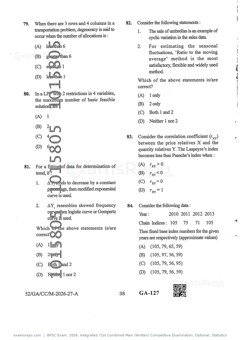 BPSC Exam 2026 question paper, Integrated 71st Combined Main (Written) Competitive Examination, Optional, Statistics, page 38 of 46