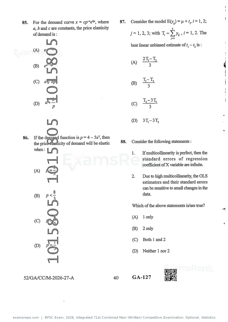 BPSC Exam 2026 question paper, Integrated 71st Combined Main (Written) Competitive Examination, Optional, Statistics, page 40 of 46