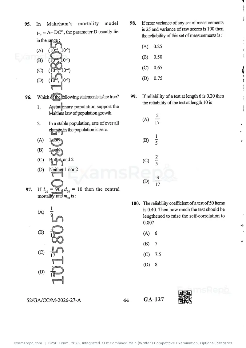 BPSC Exam 2026 question paper, Integrated 71st Combined Main (Written) Competitive Examination, Optional, Statistics, page 44 of 46