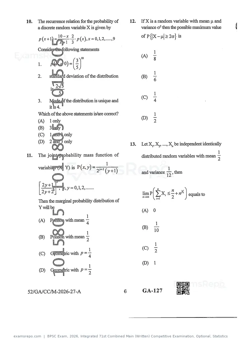 BPSC Exam 2026 question paper, Integrated 71st Combined Main (Written) Competitive Examination, Optional, Statistics, page 6 of 46