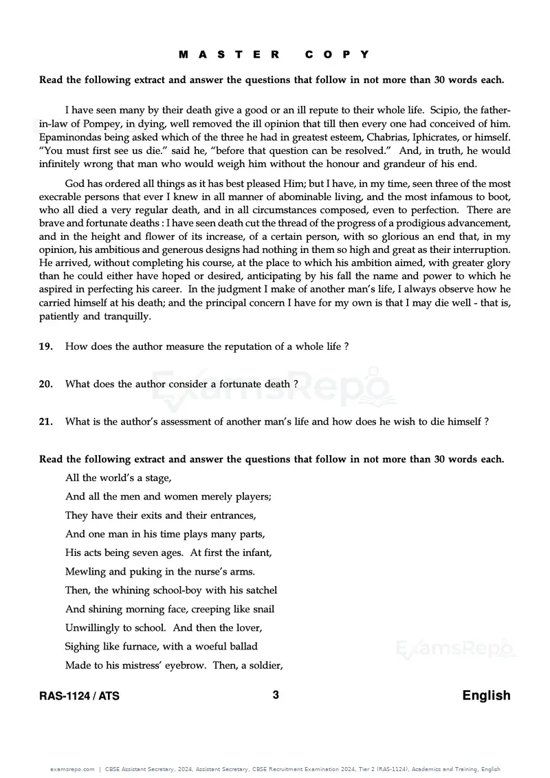 CBSE Assistant Secretary 2024 question paper, Assistant Secretary, CBSE Recruitment Examination 2024, Tier 2 (RAS-1124), Academics and Training, English, page 3 of 7