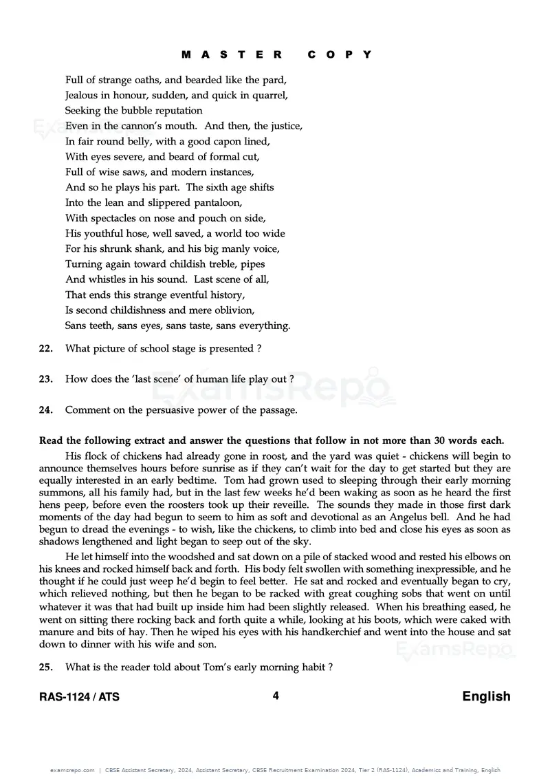 CBSE Assistant Secretary 2024 question paper, Assistant Secretary, CBSE Recruitment Examination 2024, Tier 2 (RAS-1124), Academics and Training, English, page 4 of 7